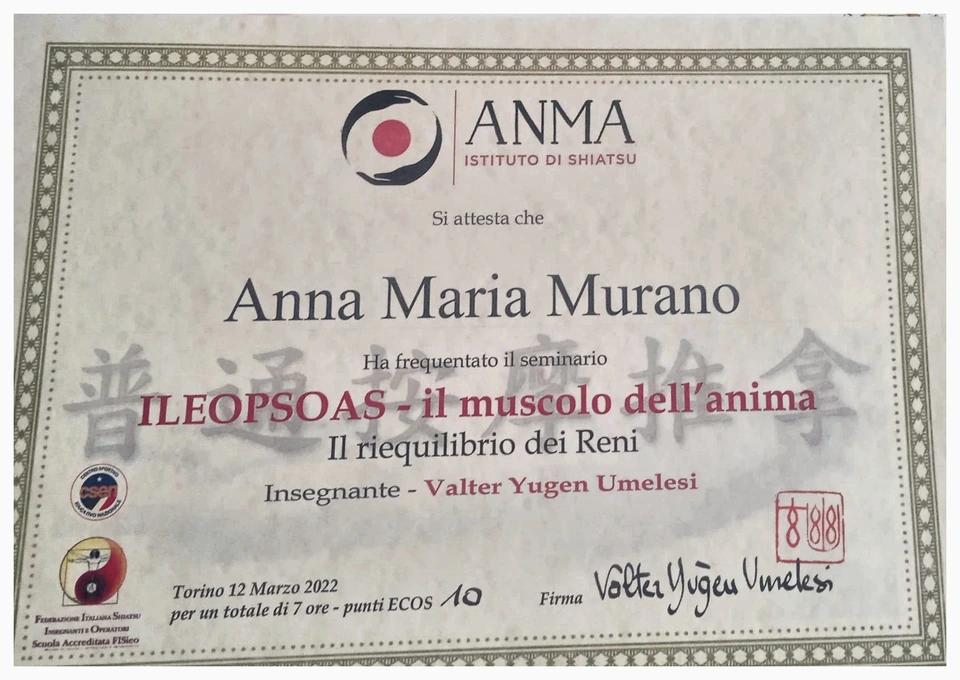Attestato ANMA del seminario sull’ileopsoas e il riequilibrio dei Reni