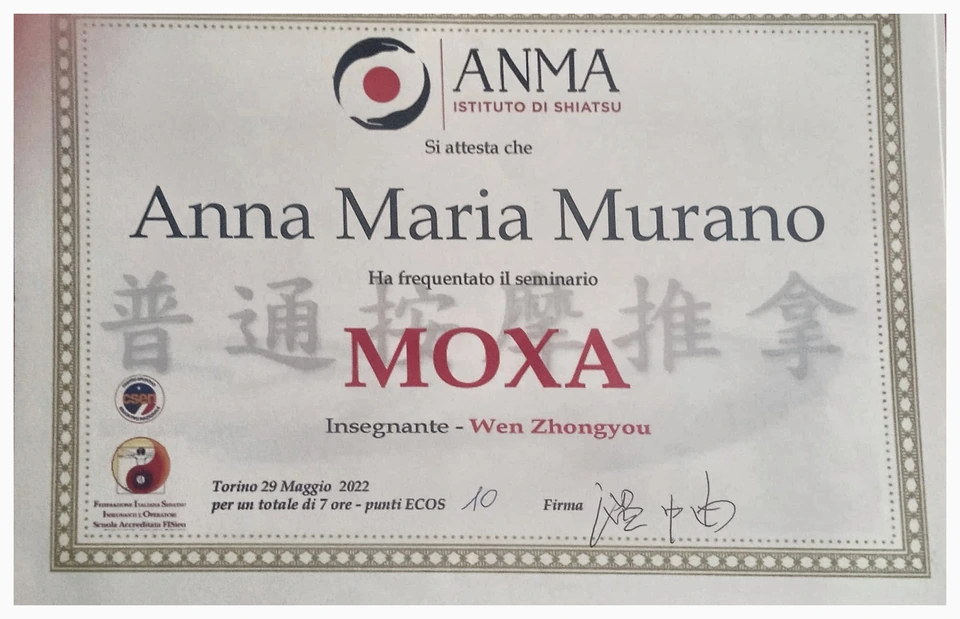 Attestato ANMA del seminario di moxa