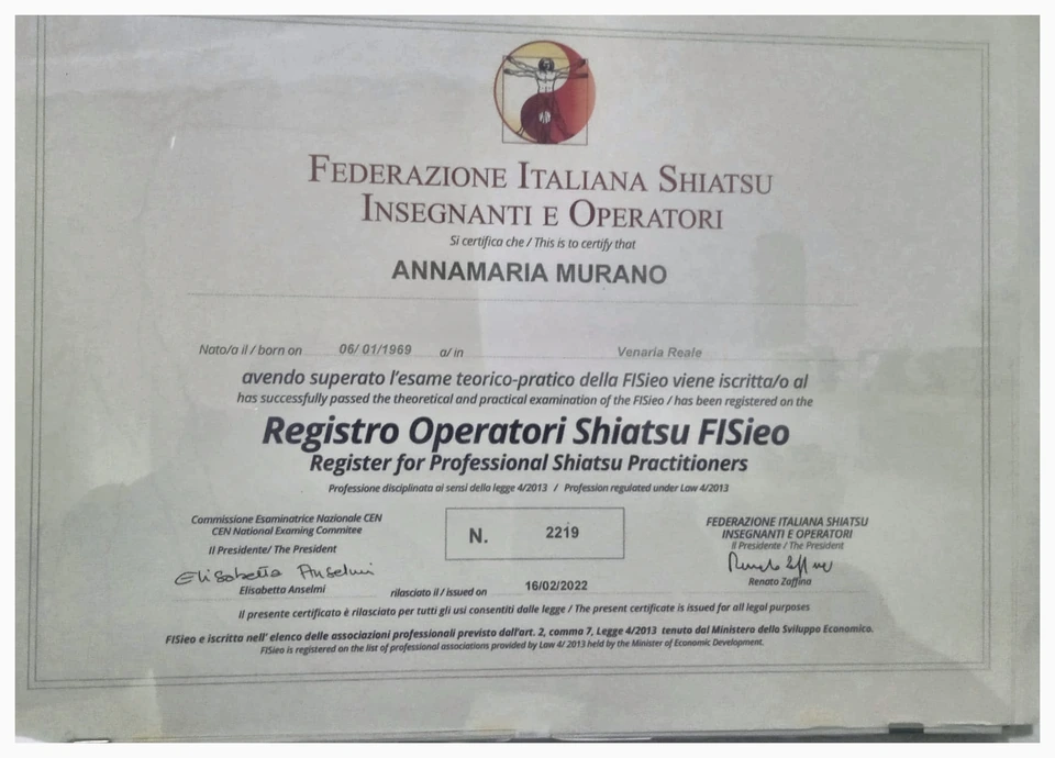 Iscrizione di Anna Maria Murano al Registro Operatori Shiatsu FISieO